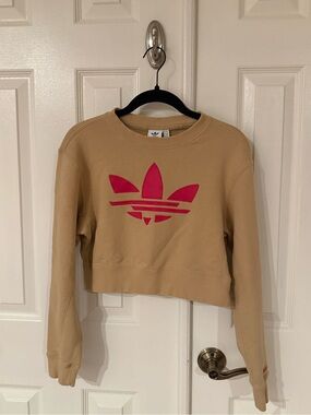 Adidas Originals Cropped Sweatshirt Tan w/ Embroidered Pink Trefoil Logo XS